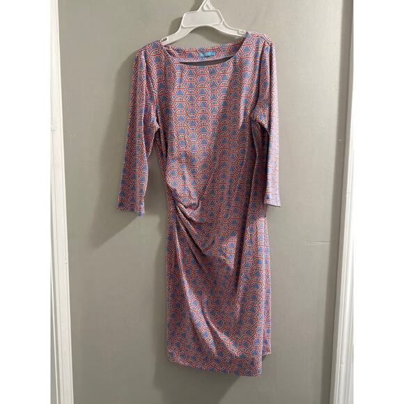 🔴J.‎ MCLAUGHLIN Catalina Cloth Red Blue Ruched 3/4 Sleeve Sheath dress Small - Picture 1 of 6
